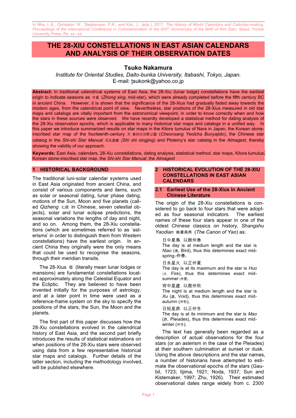 The 28-Xiu Constellations in East Asian Calendars and Analysis of Their Observation Dates