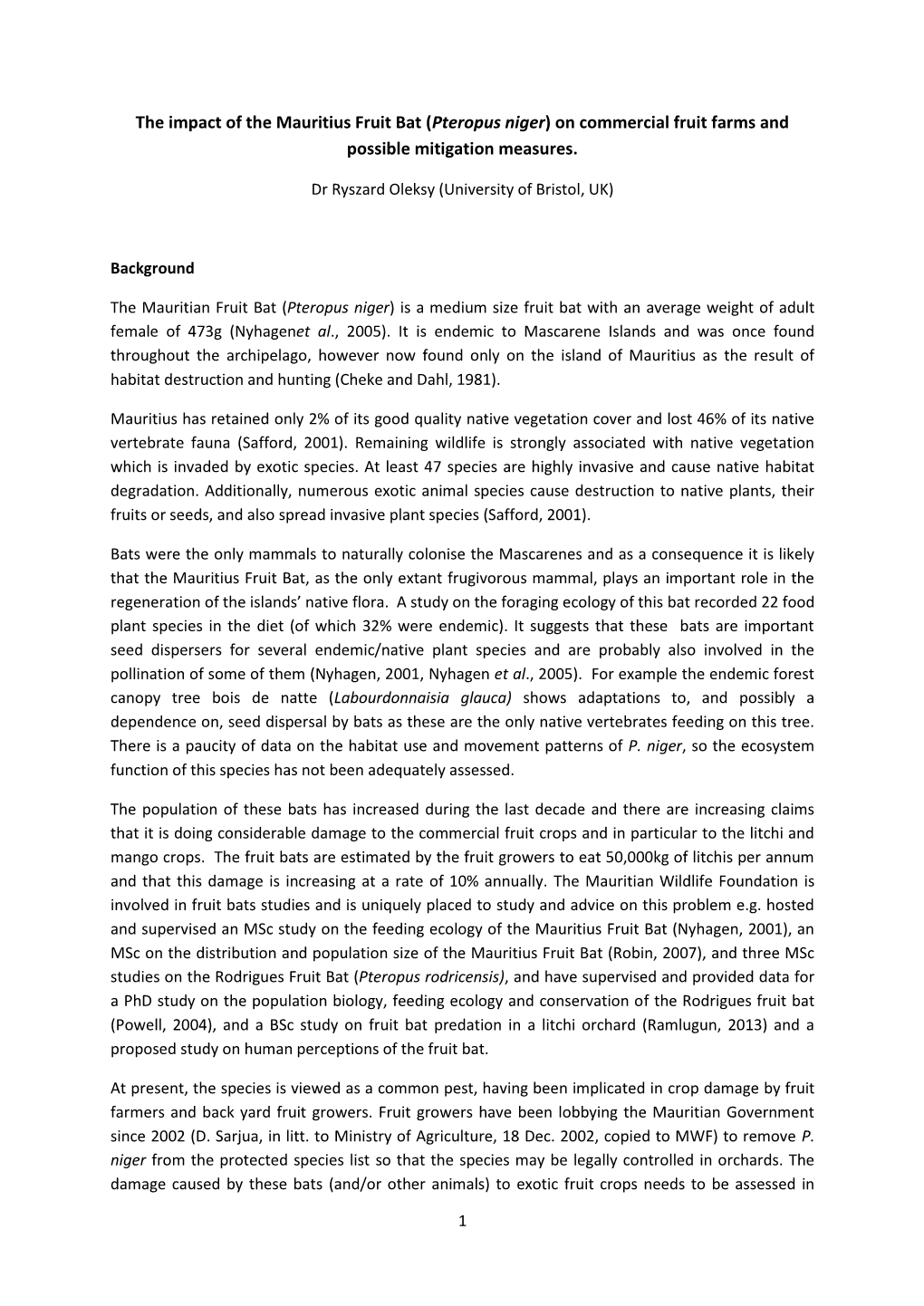 The Impact of the Mauritius Fruit Bat (Pteropus Niger) on Commercial Fruit Farms and Possible Mitigation Measures