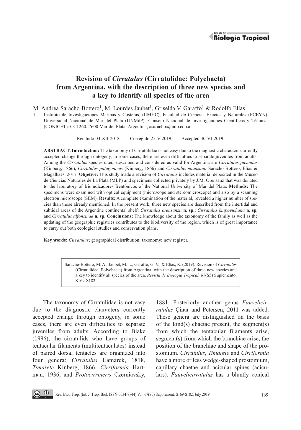 Revision of Cirratulus (Cirratulidae: Polychaeta) from Argentina, with the Description of Three New Species and a Key to Identify All Species of the Area