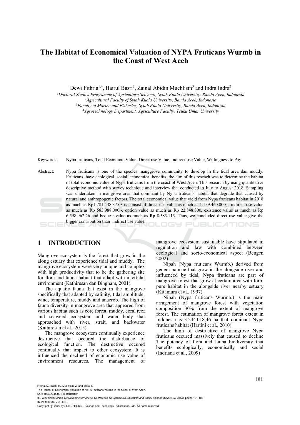 The Habitat of Economical Valuation of NYPA Fruticans Wurmb in the Coast of West Aceh