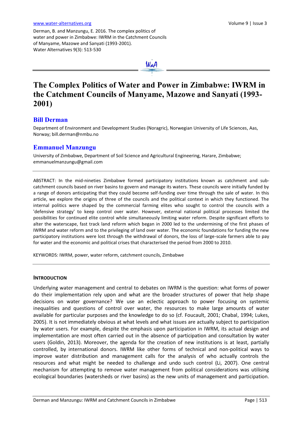 IWRM in the Catchment Councils of Manyame, Mazowe and Sanyati (1993-2001)