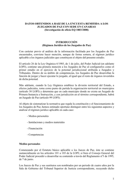 DATOS OBTENIDOS a RAIZ DE LA ENCUESTA REMITIDA a LOS JUZGADOS DE PAZ CON SEDE EN CANARIAS (Investigación De Oficio EQ 1803/2008)