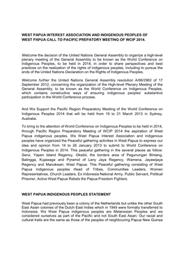 West Papua Interest Association and Indigenous Peoples of West Papua Call to Pacific Prepatory Meeting of Wcip 2014