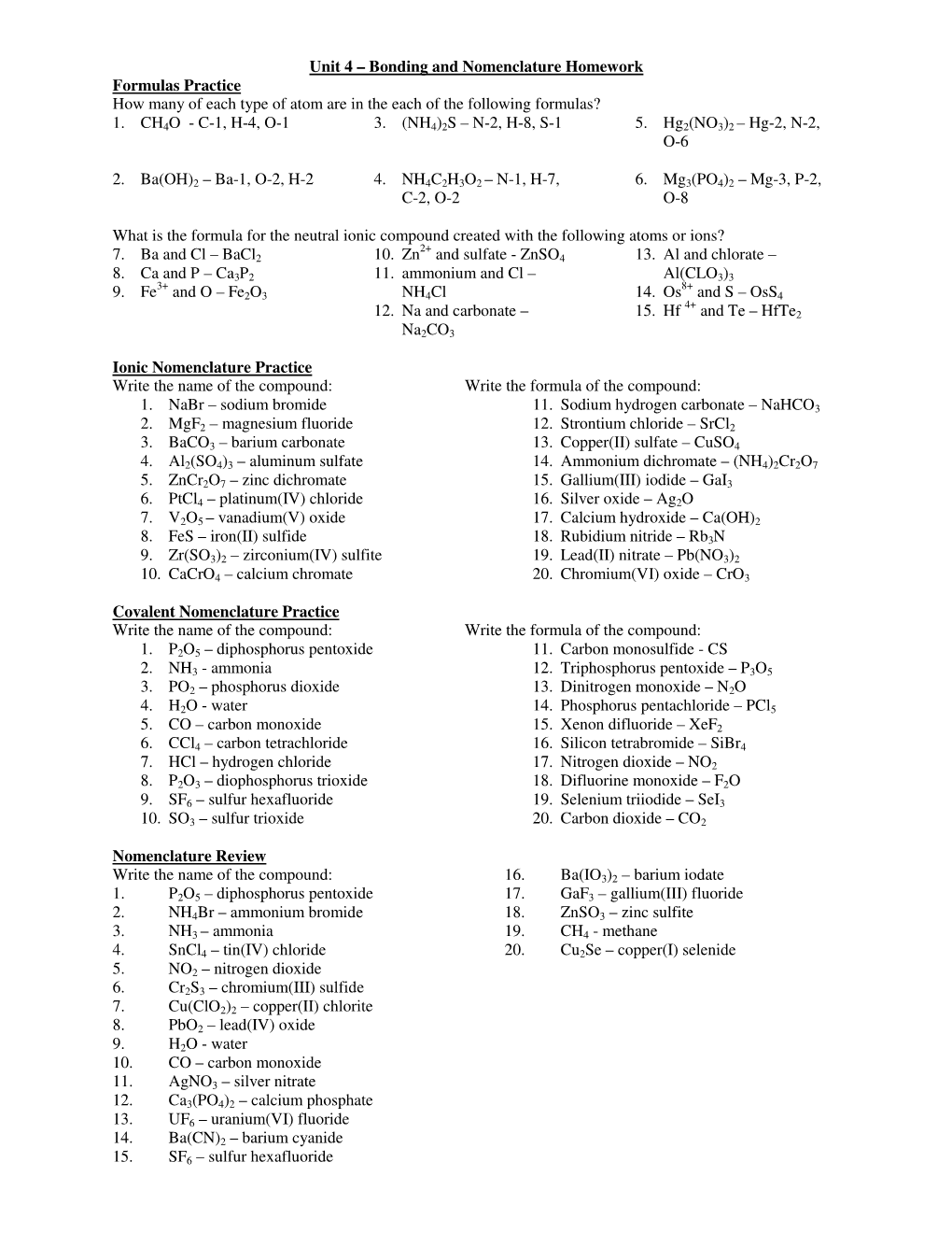 Unit 4 – Bonding and Nomenclature Homework Formulas Practice How Many ...