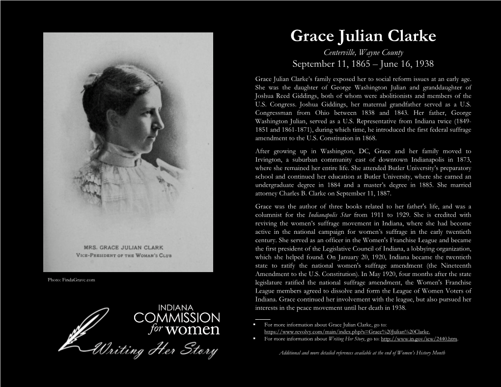 Grace Julian Clarke Centerville, Wayne County September 11, 1865 – June 16, 1938
