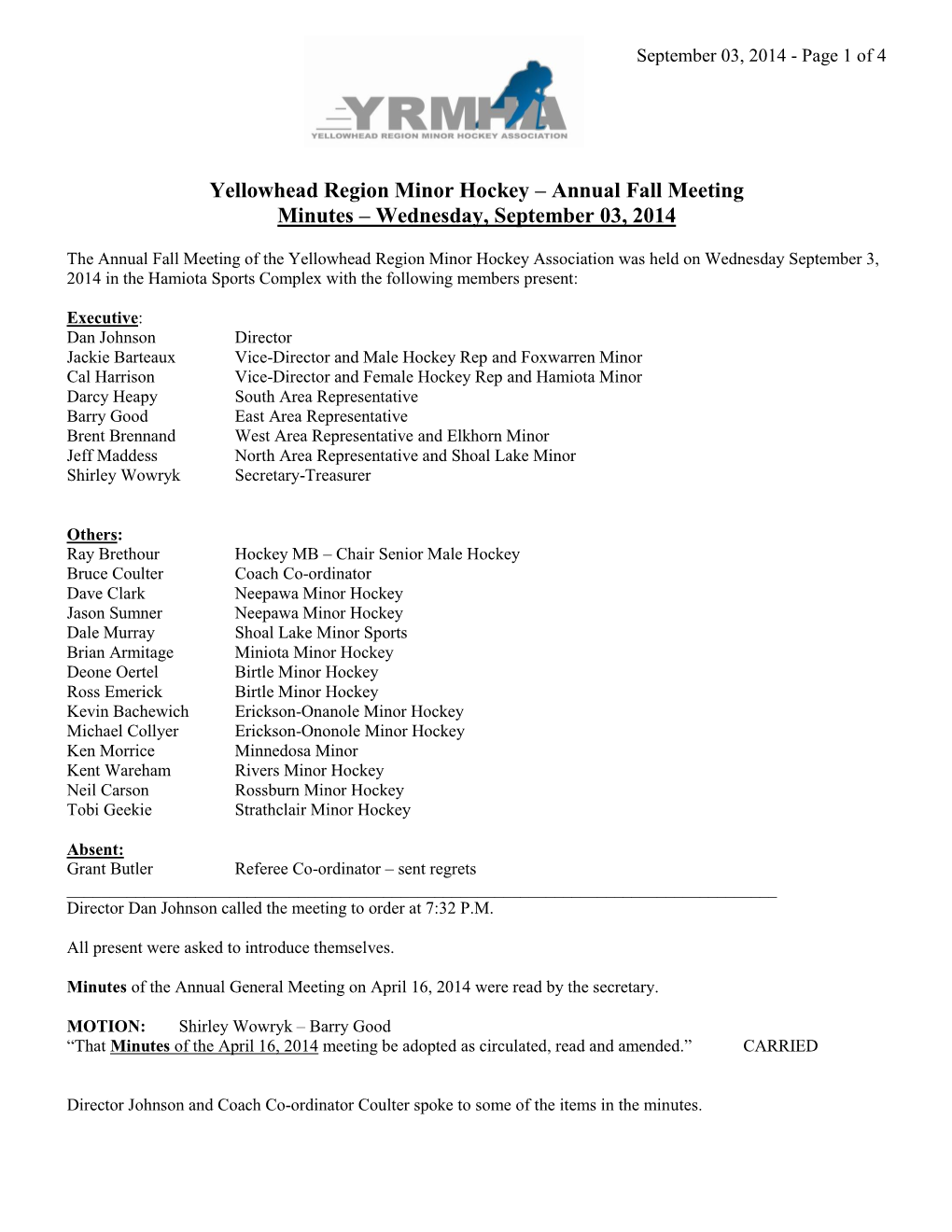 Yellowhead Region Minor Hockey – Annual Fall Meeting Minutes – Wednesday, September 03, 2014