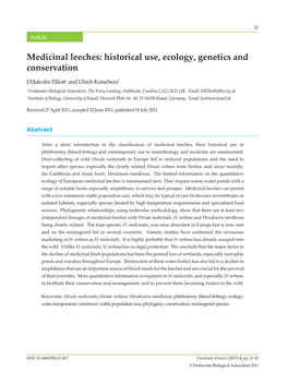 Medicinal Leeches: Historical Use, Ecology, Genetics and Conservation