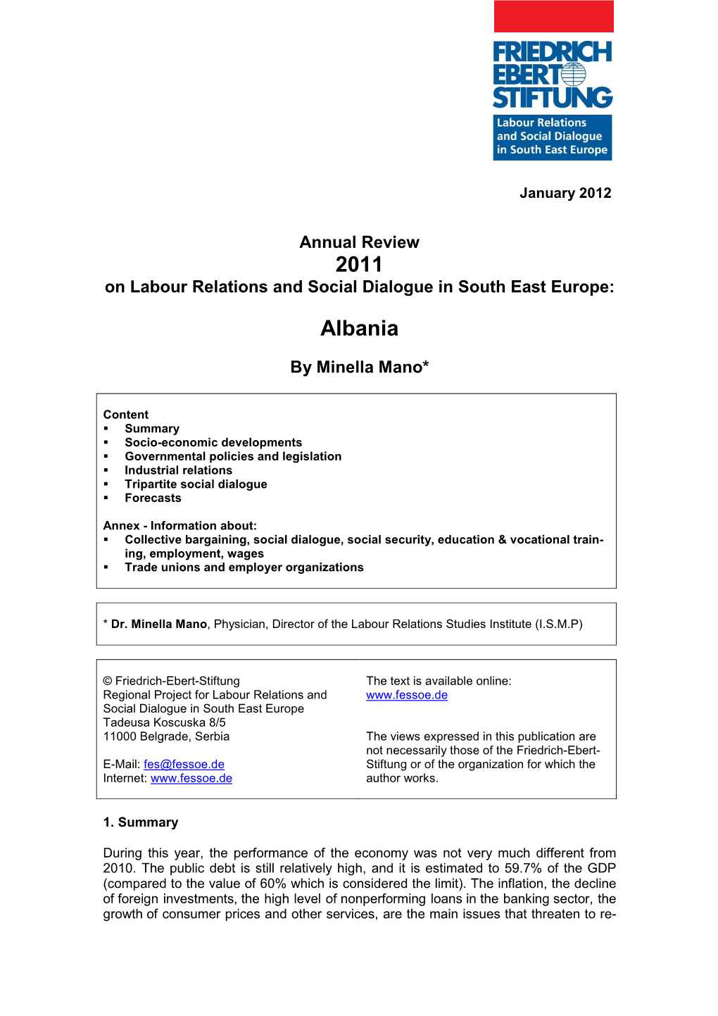 Annual Review 2011 on Labour Relations and Social Dialogue in South East Europe