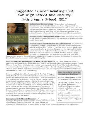 Suggested Summer Reading List for High School and Faculty Saint Ann’S School, 2017