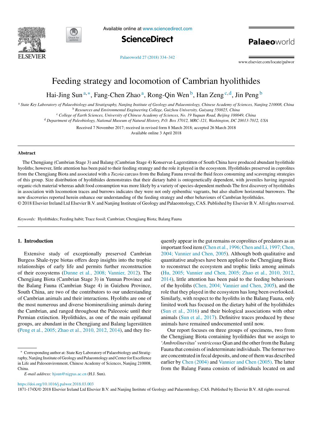 Feeding Strategy and Locomotion of Cambrian Hyolithides