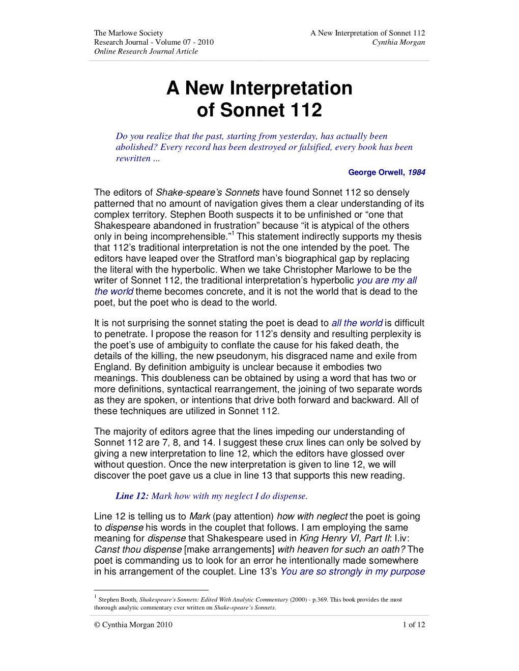 A New Interpretation of Sonnet 112 Research Journal - Volume 07 - 2010 Cynthia Morgan Online Research Journal Article