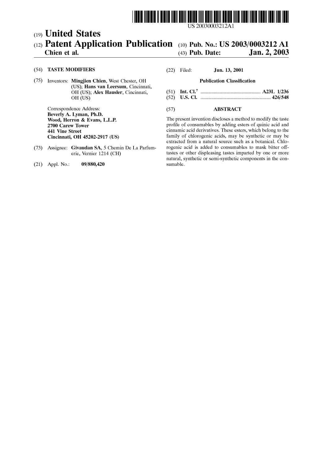 (12) Patent Application Publication (10) Pub. No.: US 2003/0003212 A1 Chien Et Al