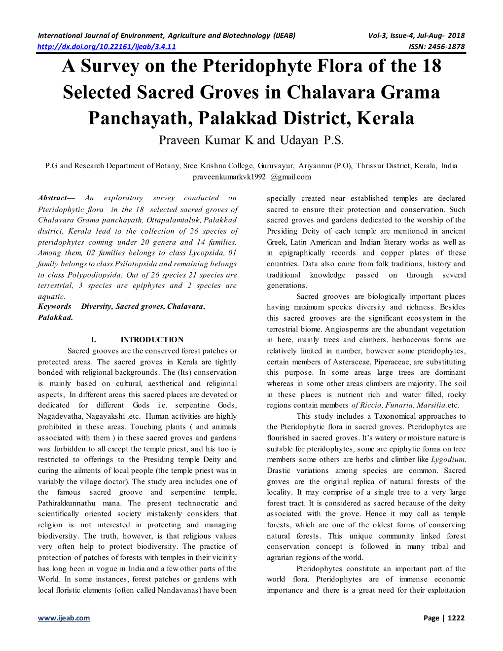 A Survey on the Pteridophyte Flora of the 18 Selected Sacred Groves in Chalavara Grama Panchayath, Palakkad District, Kerala Praveen Kumar K and Udayan P.S