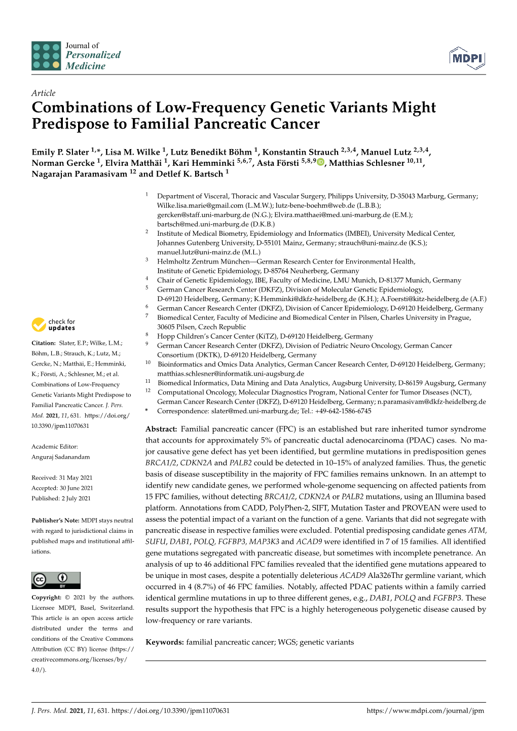 Combinations of Low-Frequency Genetic Variants Might Predispose to Familial Pancreatic Cancer