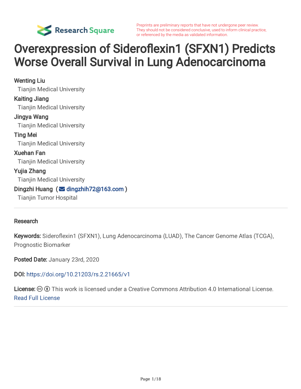 Overexpression of Sidero Exin1 (SFXN1) Predicts Worse Overall