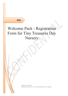 Welcome Pack - Registration Form for Tiny Treasures Day Nursery