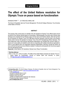 The Effect of the United Nations Resolution for Olympic Truce on Peace Based on Functionalism