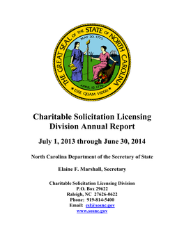 Charitable Solicitation Licensing Division Annual Report July 1, 2013 Through June 30, 2014