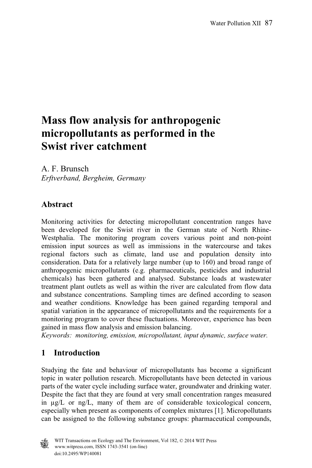 Mass Flow Analysis for Anthropogenic Micropollutants As Performed in the Swist River Catchment