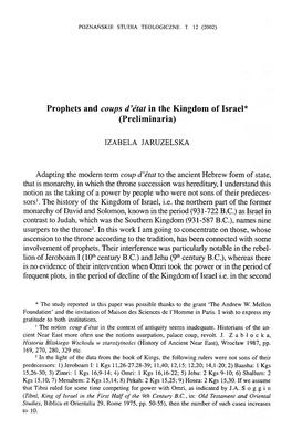 Prophets and Coups D 'État in the Kingdom of Israel* (Preliminaria)