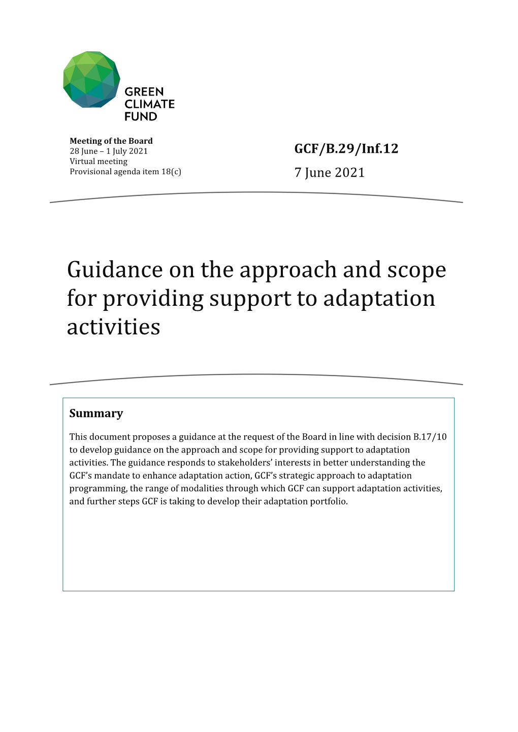 Guidance on the Approach and Scope for Providing Support to Adaptation Activities