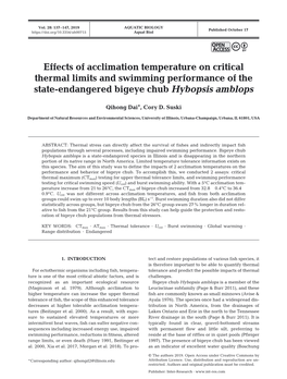 Effects of Acclimation Temperature on Critical Thermal Limits and Swimming Performance of the State-Endangered Bigeye Chub Hybopsis Amblops