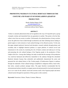 Promoting Nigerian Cultural Heritage Through the Costume and Make-Up of Duroladipo's O.Bakň So Production