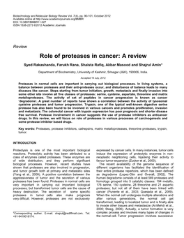 Role of Proteases in Cancer: a Review