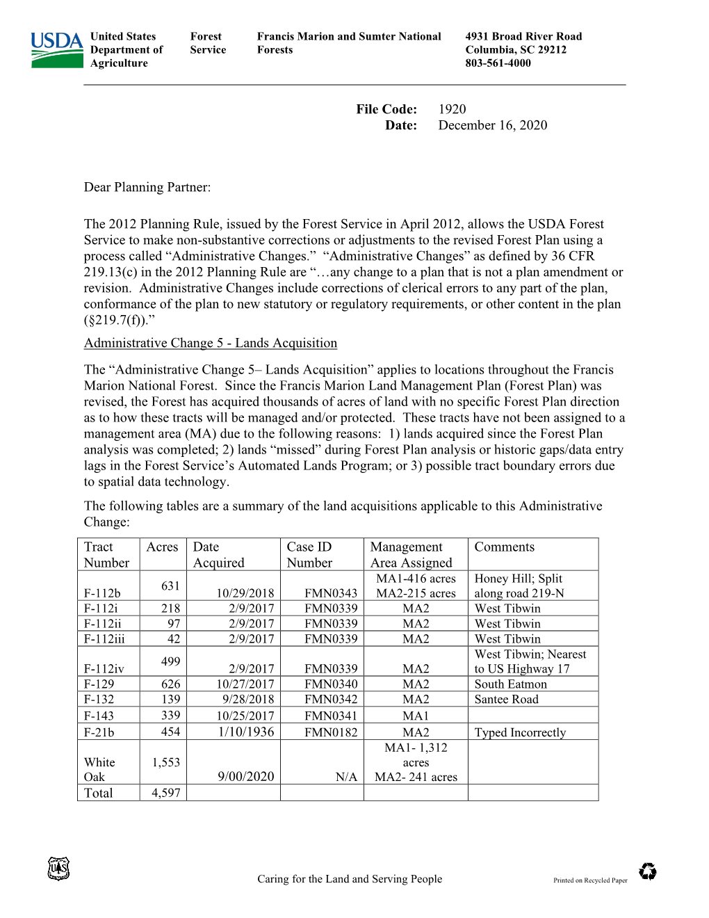 Administrative Change 5 Assigning Plan