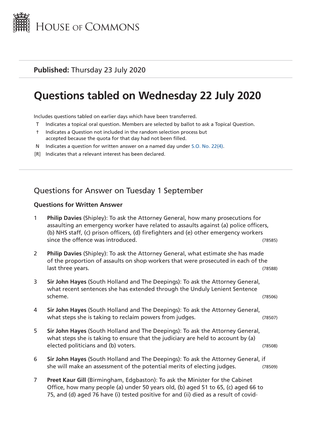 Questions Tabled on Wed 22 Jul 2020