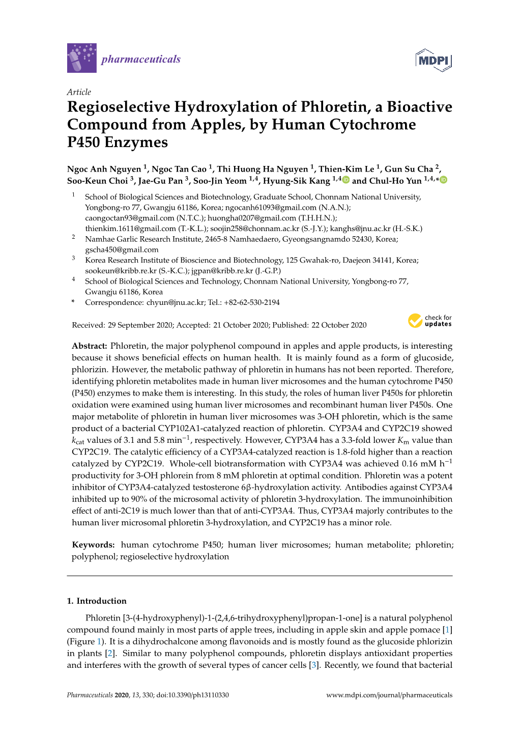 Regioselective Hydroxylation of Phloretin, a Bioactive Compound from Apples, by Human Cytochrome P450 Enzymes