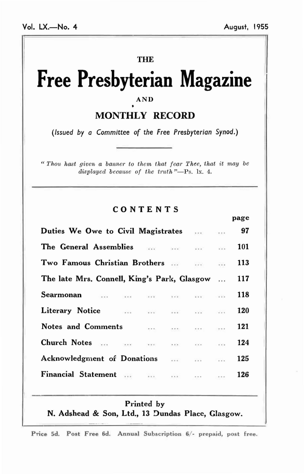 Free Presbyterian Magazine and MONTHLY RECORD (Issued by a Committee of the Free Presbyterian Synod.)