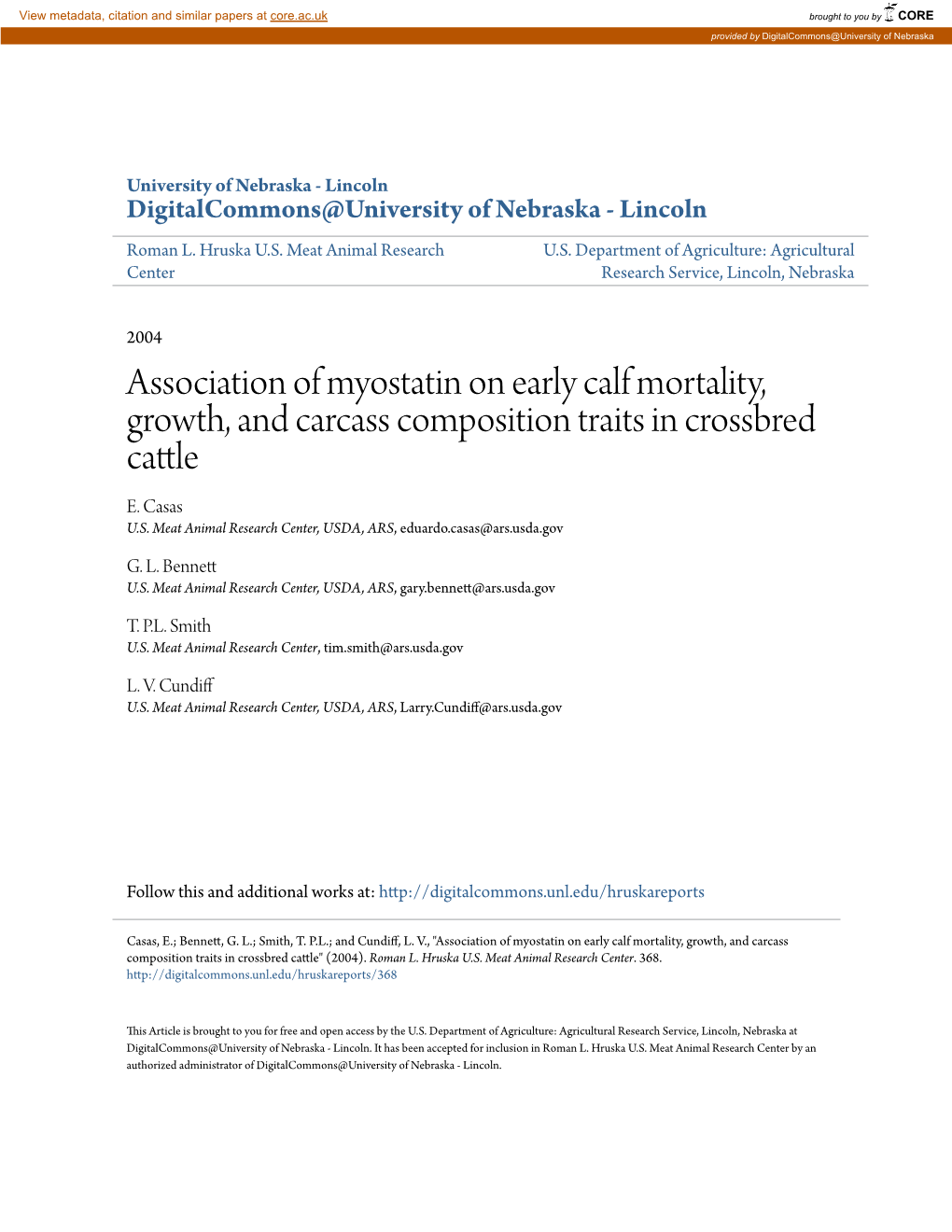 Association of Myostatin on Early Calf Mortality, Growth, and Carcass Composition Traits in Crossbred Cattle E