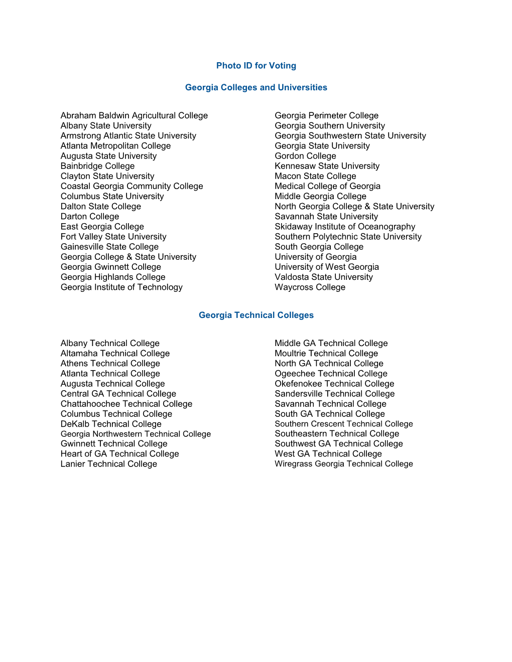 Photo ID for Voting Georgia Colleges and Universities Abraham Baldwin Agricultural College Albany State University Armstrong At