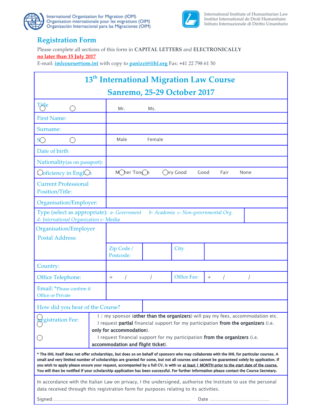 Please Complete All Sections of This Form in CAPITAL LETTERS and ELECTRONICALLY