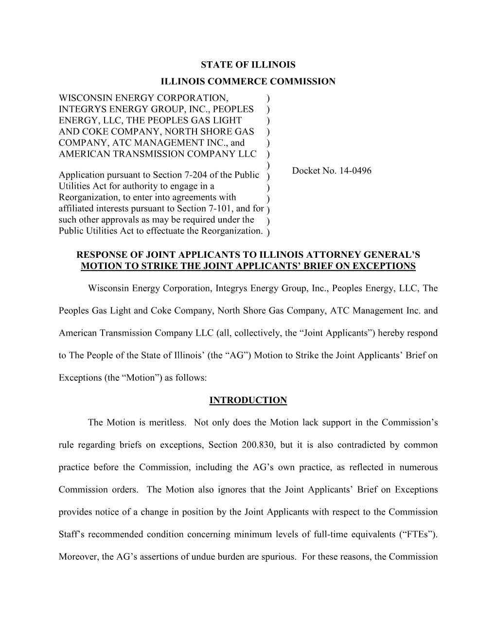 Response of Joint Applicants to Illinois Attorney General’S Motion to Strike the Joint Applicants’ Brief on Exceptions