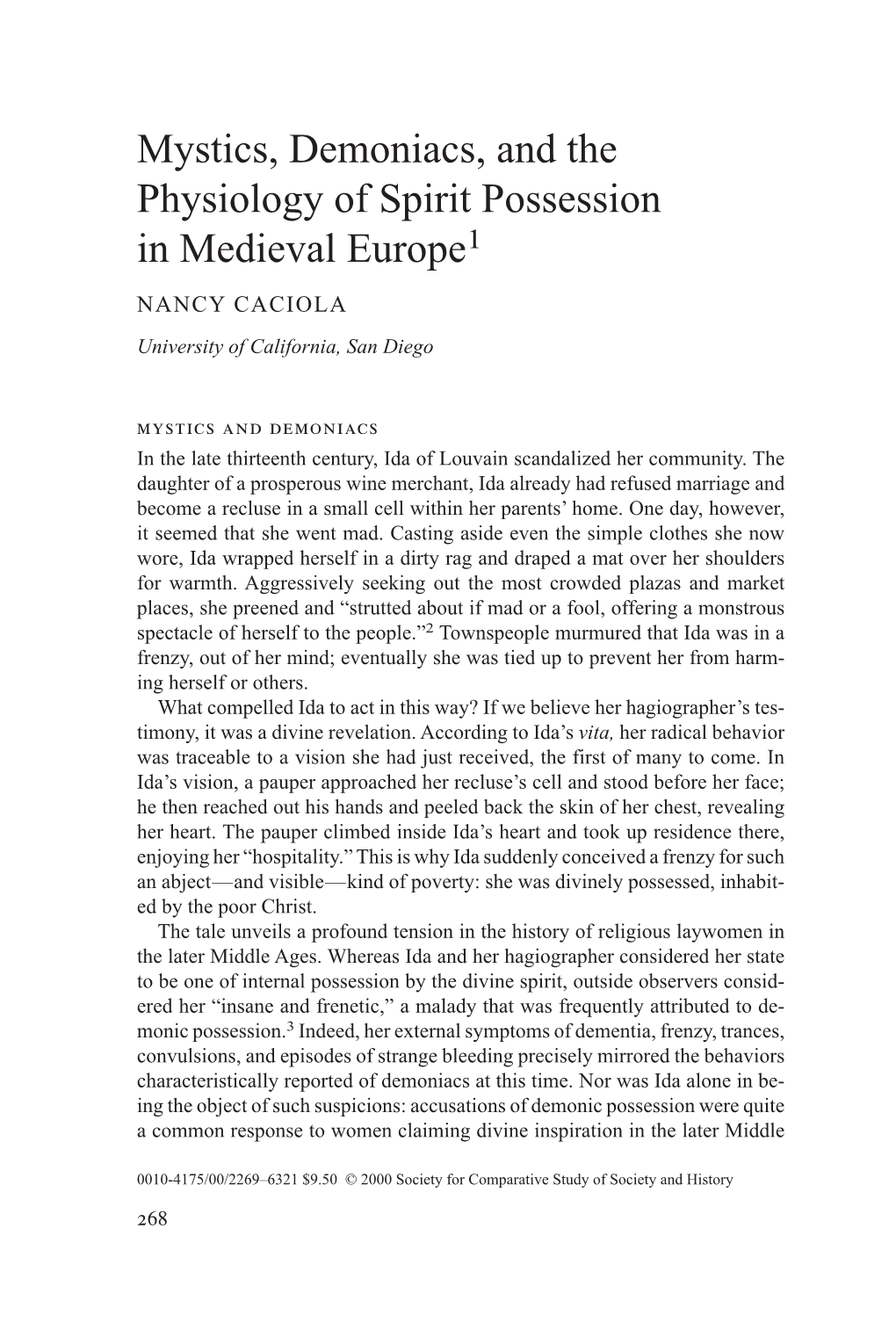 Mystics, Demoniacs, and the Physiology of Spirit Possession in Medieval Europe1
