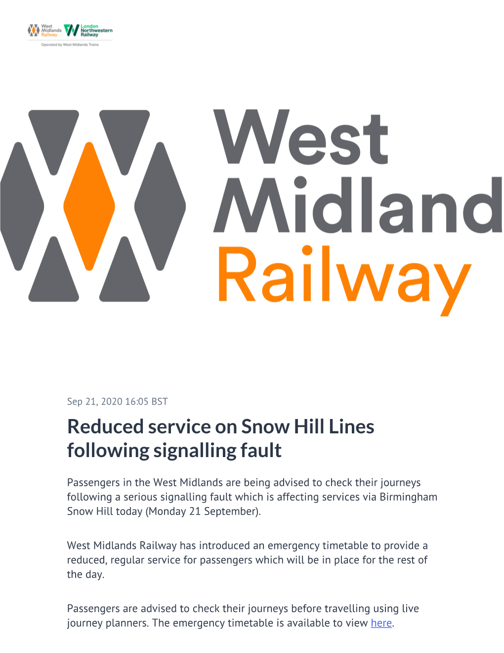 Reduced Service on Snow Hill Lines Following Signalling Fault