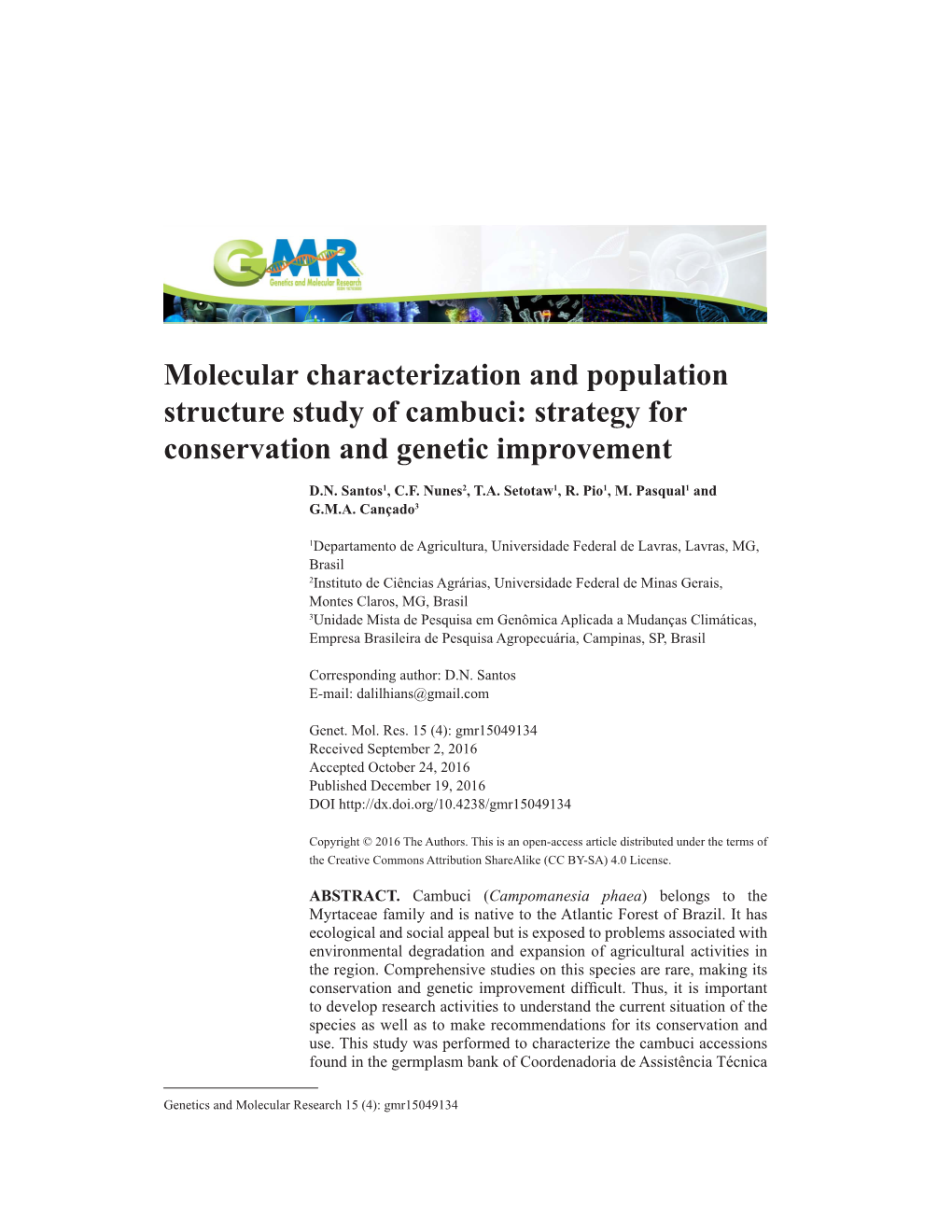 Molecular Characterization and Population Structure Study of Cambuci: Strategy for Conservation and Genetic Improvement