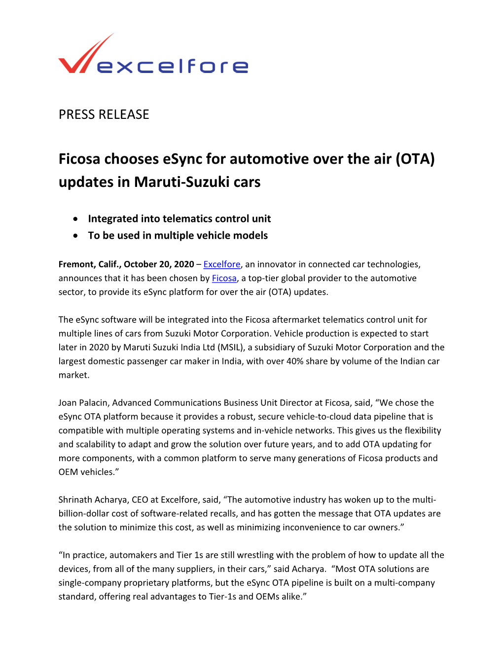 Ficosa Chooses Esync for Automotive Over the Air (OTA) Updates in Maruti-Suzuki Cars