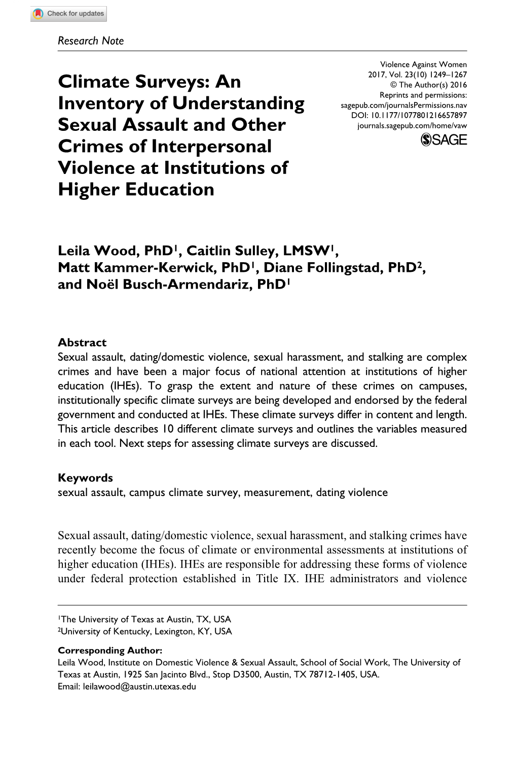 Climate Surveys: an Inventory of Understanding Sexual Assault and Other Crimes of Interpersonal Violence at Institutions of High