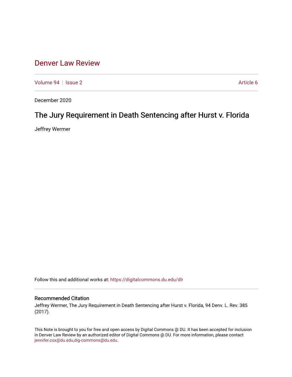 The Jury Requirement in Death Sentencing After Hurst V. Florida