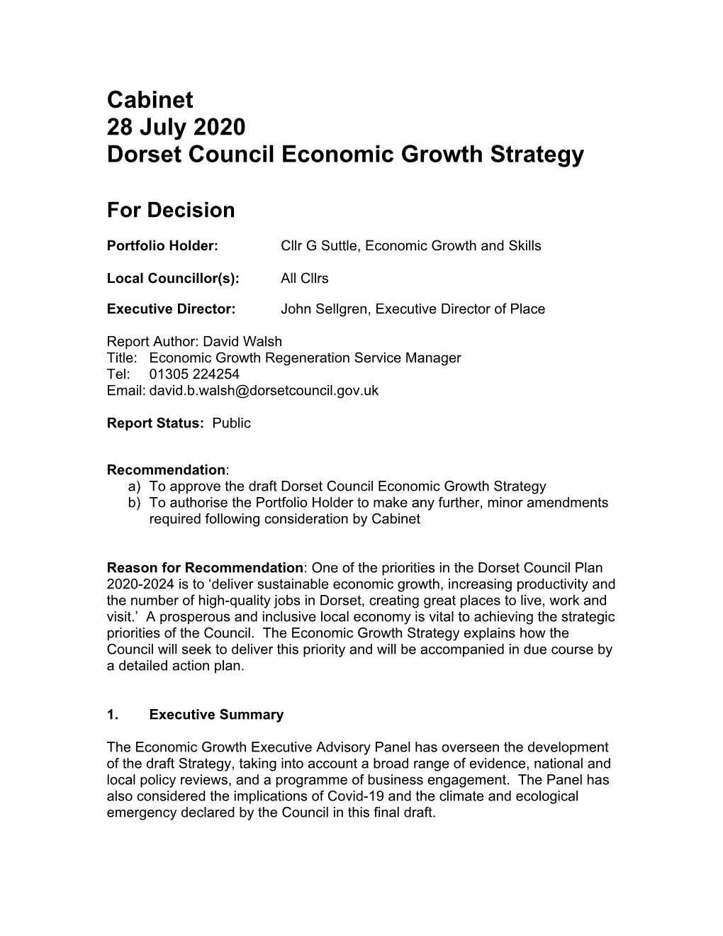 Cabinet 28 July 2020 Dorset Council Economic Growth Strategy