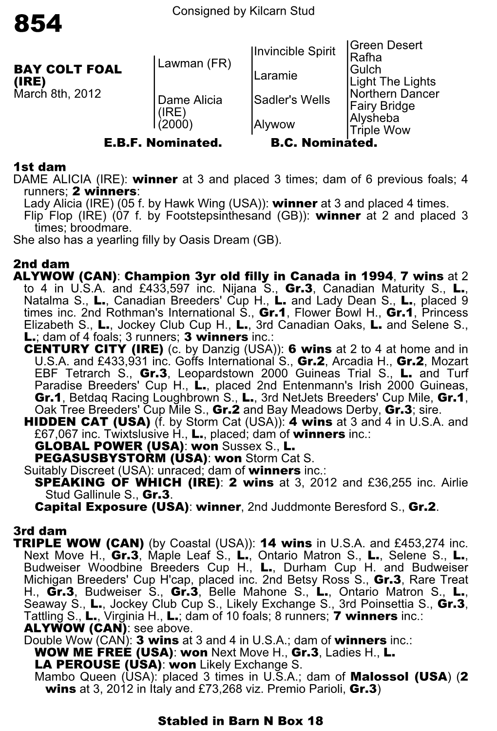 Consigned by Kilcarn Stud Invincible Spirit Green Desert Rafha Lawman