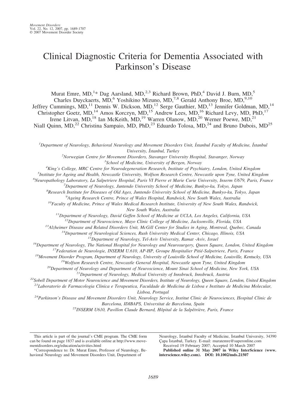 Clinical Diagnostic Criteria for Dementia Associated with Parkinson’S Disease