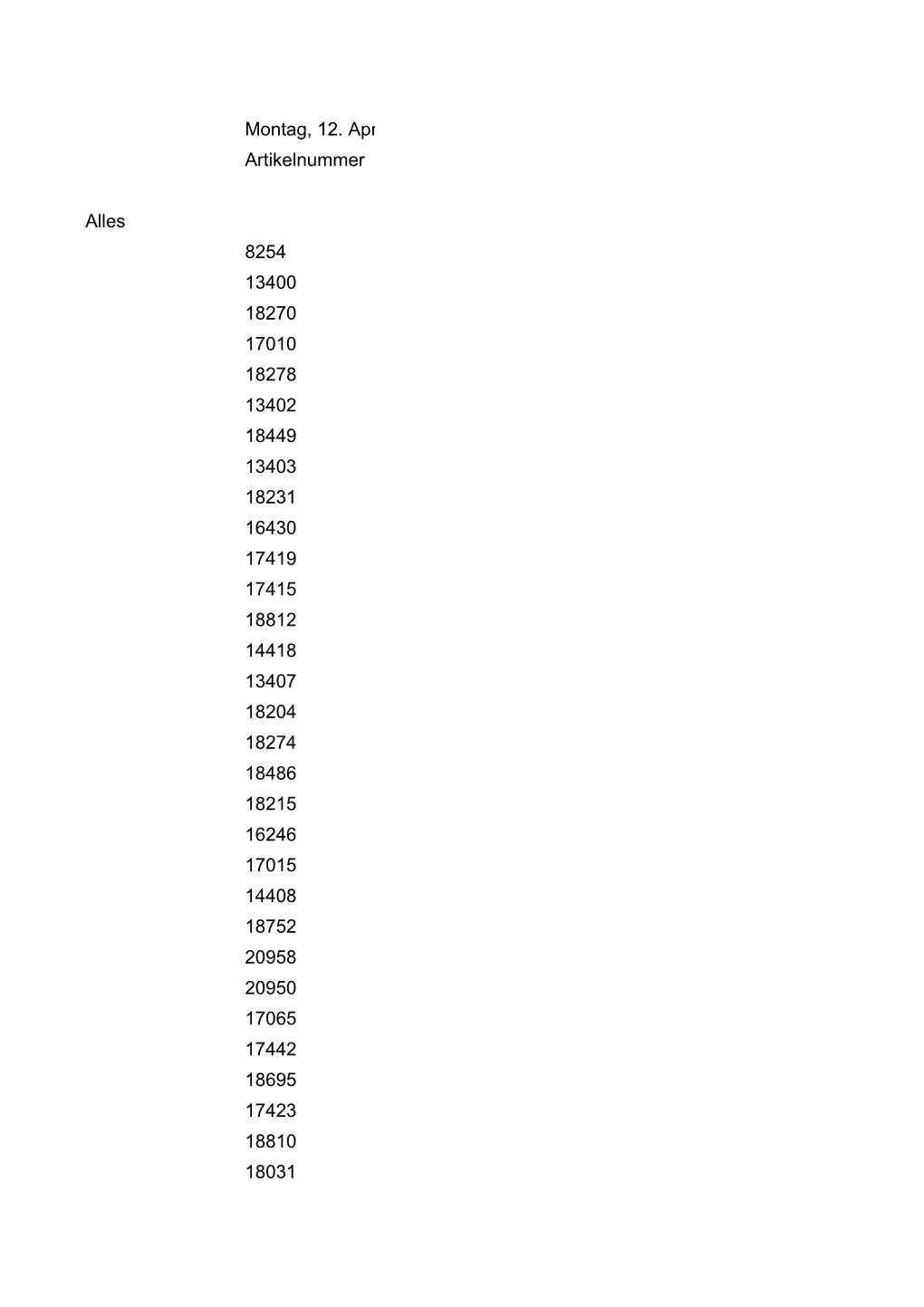 Montag, 12. April 2021 Artikelnummer Alles 8254 13400 18270 17010 18278 13402 18449 13403 18231 16430 17419 17415 18812 14418 13