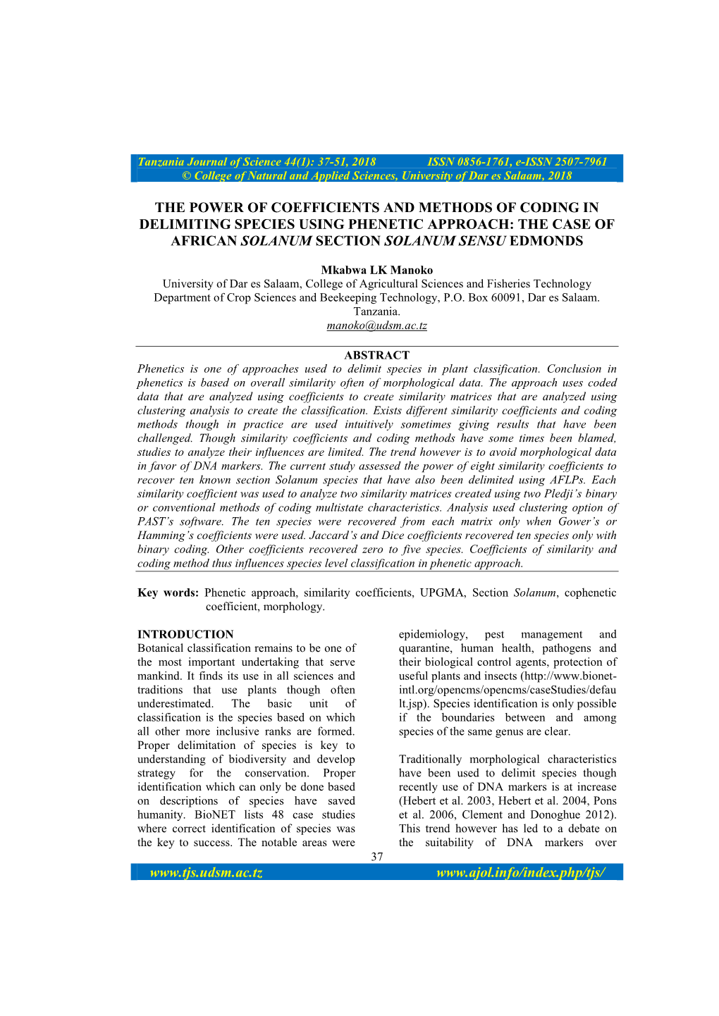 Systematic Analysis of Morphological Characters and Their Value in the Taxonomy of Solanum