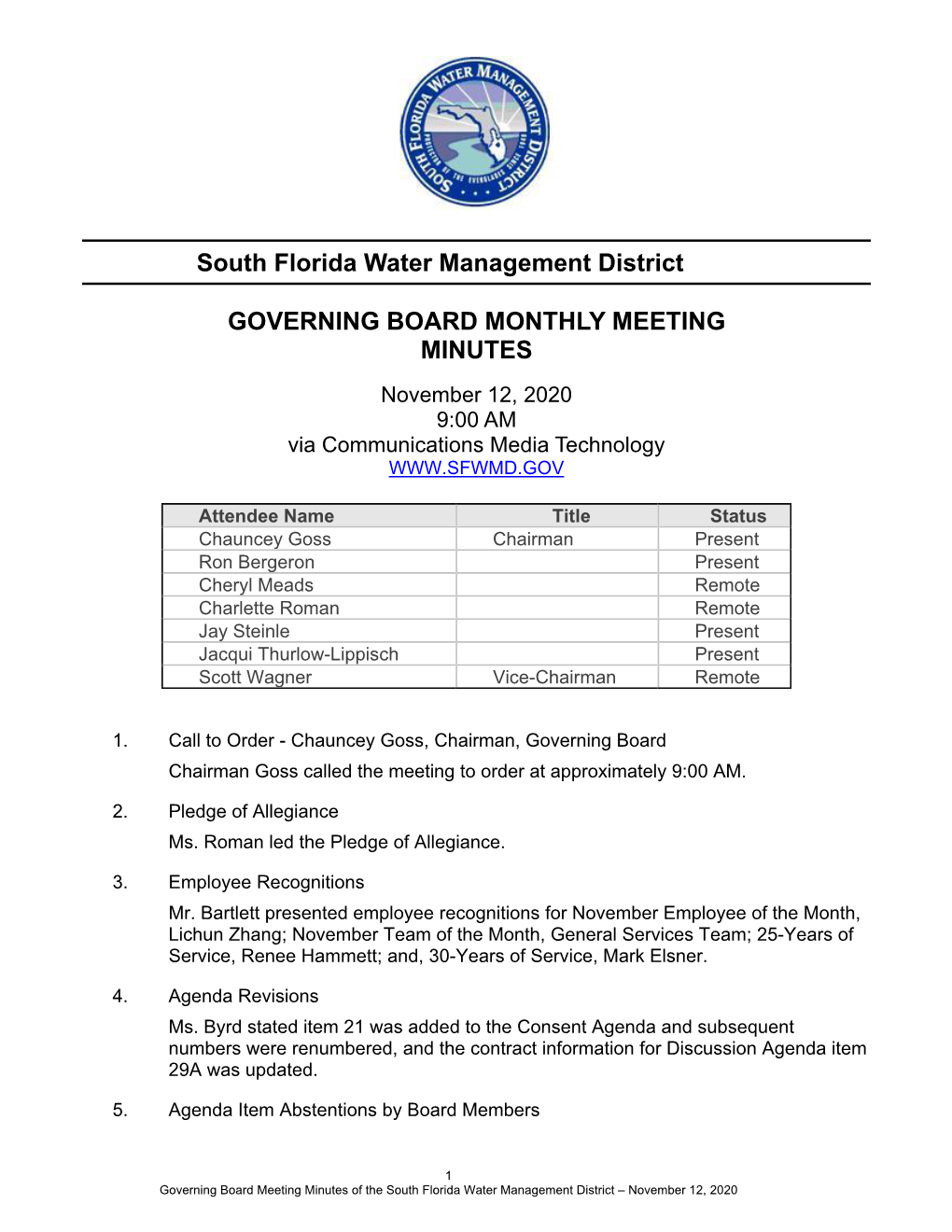 South Florida Water Management District GOVERNING BOARD