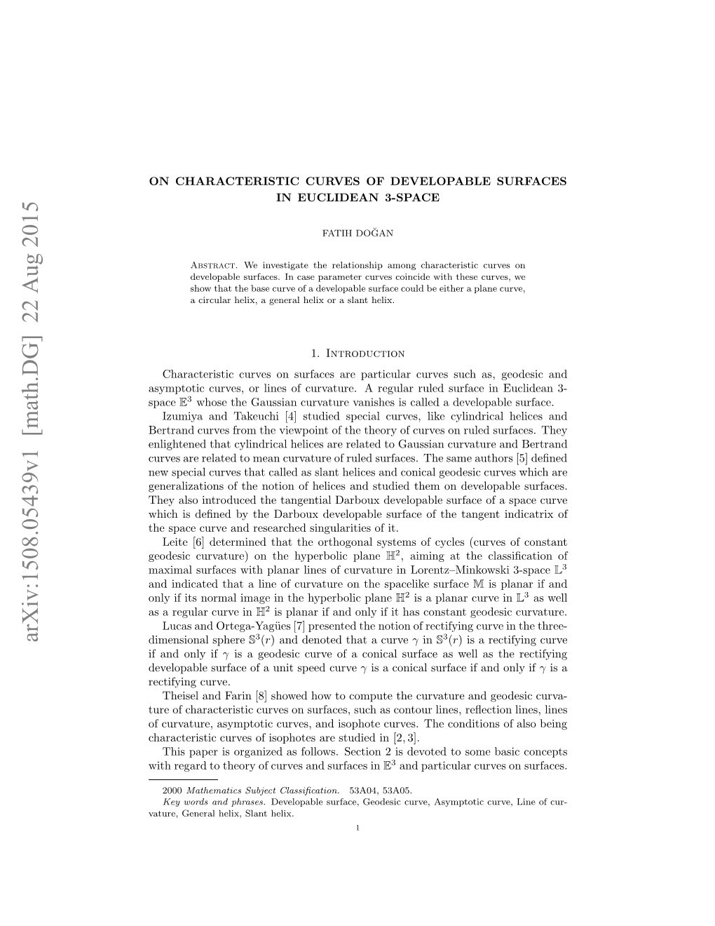 On Characteristic Curves of Developable Surfaces in Euclidean