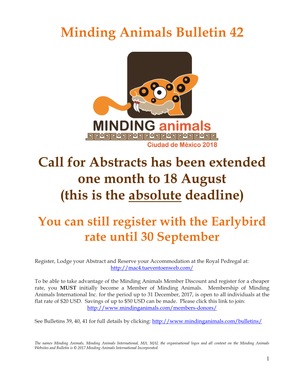 Minding Animals Bulletin 42 Call for Abstracts Has Been Extended One
